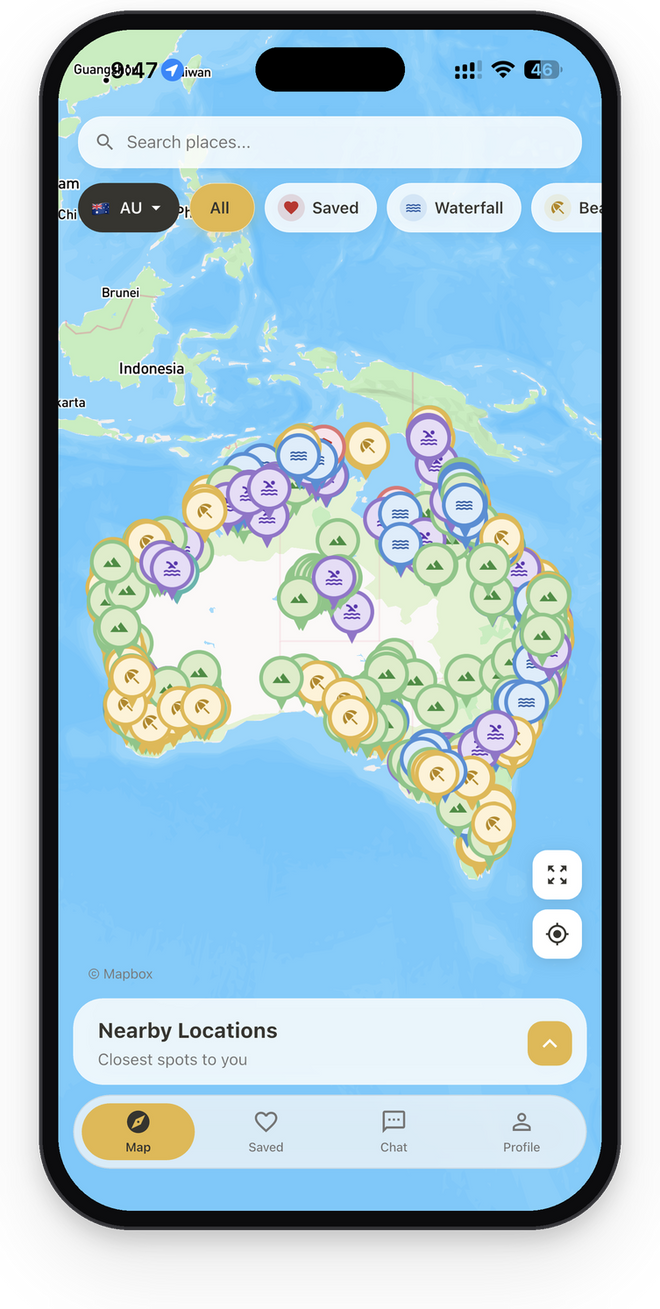 Sole Drift app showing hidden spots on a map of Australia