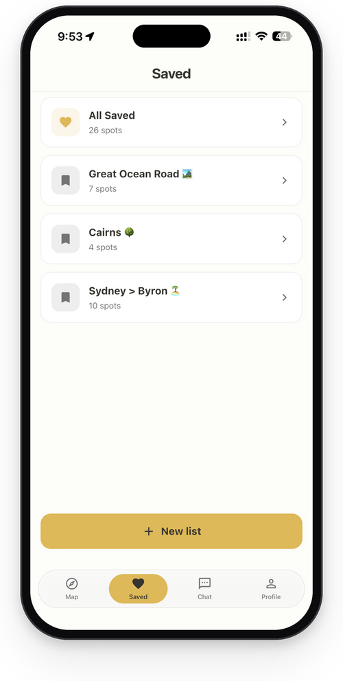 Sole Drift app saved lists for road trips