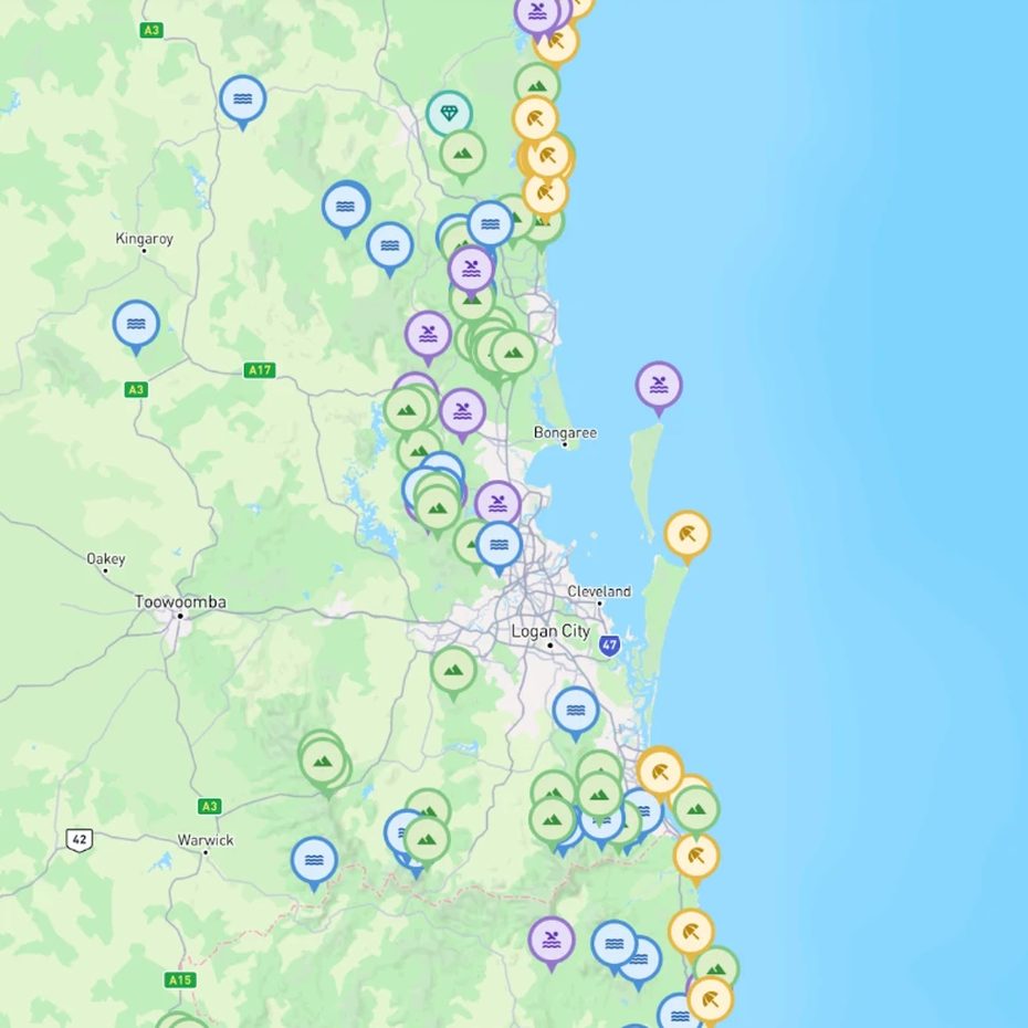 The same coast on the Sole Drift map, covered in waterfalls, swim holes, beach coves and rock pools