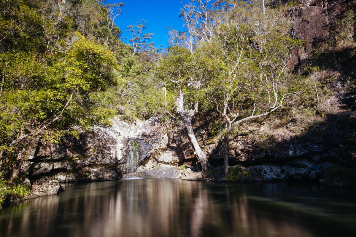 The rock pool at the top of Kondalilla Falls under a clear blue sky, Kondalilla National Park, Queensland