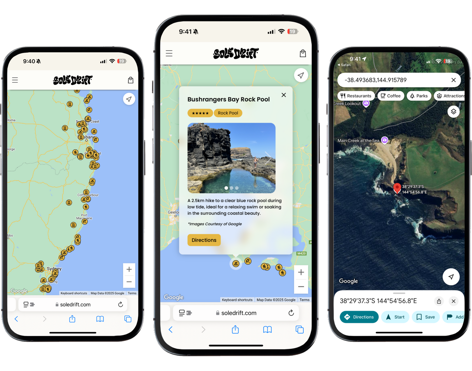Three mobile screens showing Sole Drift’s interactive map, detailed location card for Bushrangers Bay Rock Pool, and GPS coordinates with satellite view for a hidden coastal destination in Australia.