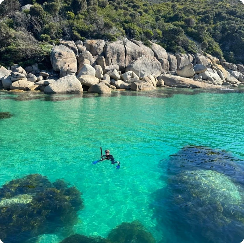Swimmer in clear turquoise water at Fairy Cove, Victoria, Australia