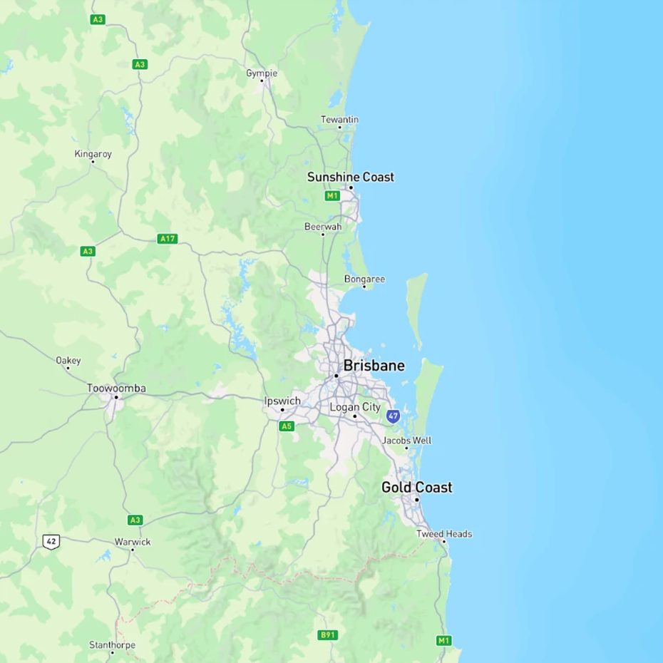 Regular map of the coast from the Sunshine Coast to the Gold Coast, with no hidden spots shown