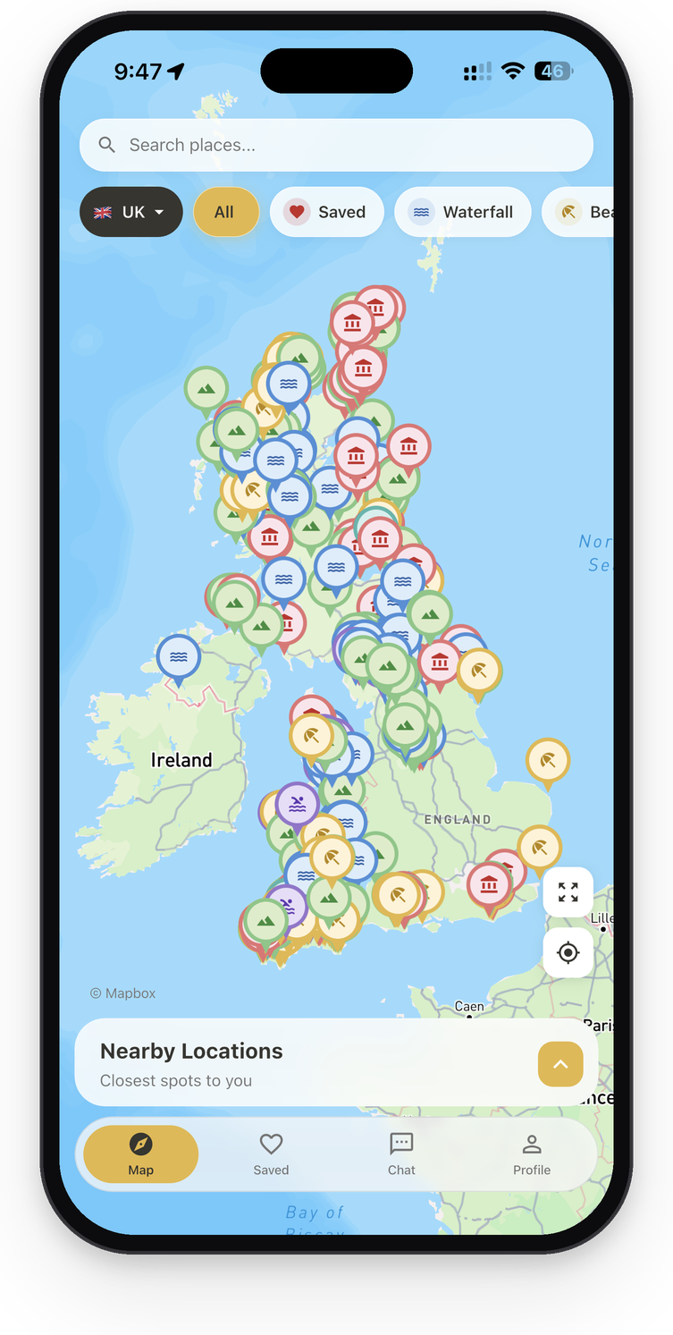 Sole Drift app showing 500+ hidden spots on a map of the United Kingdom
