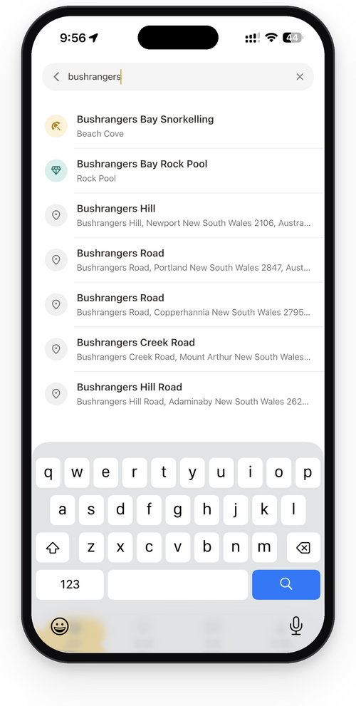 Sole Drift app search listing the closest hidden spots to a town