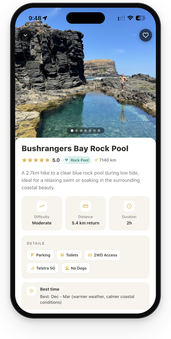 Sole Drift spot page for Bushrangers Bay Rock Pool with difficulty, distance and details